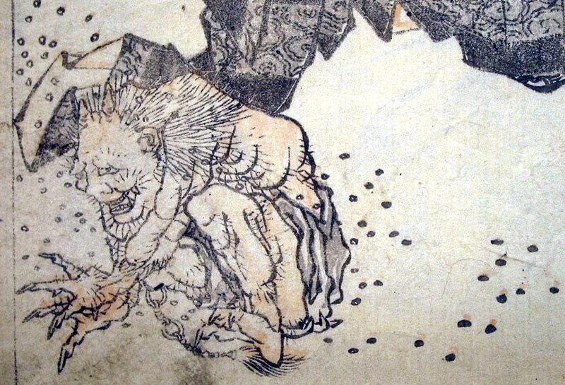 Oni expulsado lanzandole mame (Hokusai)