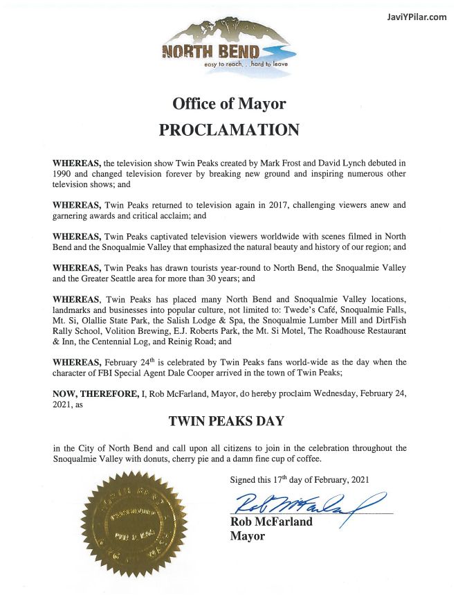 Acta de proclamación del Día de Twin Peaks (Twin Peaks Day) en North Bend (Washington) el 24 de febrero de 2021