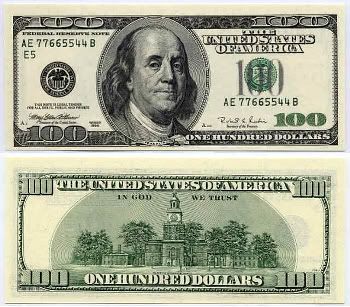 Billete de 100 dólares (B. Franklin en el anverso y el Independence Hall en el reverso)