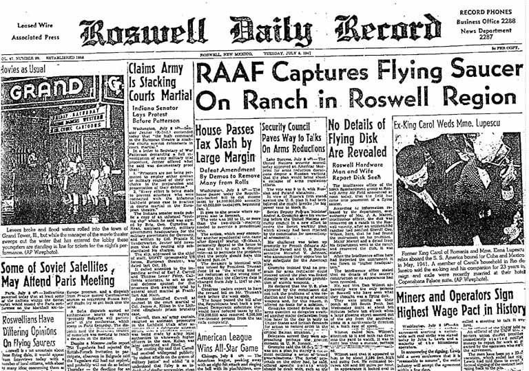 Incidente de Roswell (Nuevo México). Titulares de prensa. Año 1947
