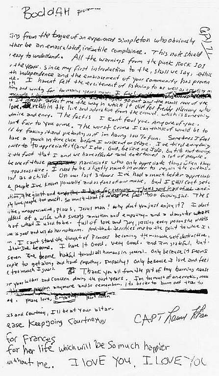 Carta dejada por Kurt Cobain antes de suicidarse