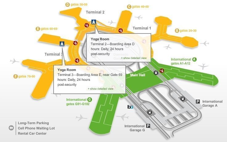 Mapa interactivo de la web oficial del aeropuerto en que puede consultarse la ubicación de las salas de yoga.